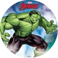 Kulatý jedlý obrázek na dort – Avengers, Hulk v bojové póze s logem (zelená, modrá, fialová)