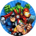 Kulatý jedlý obrázek na dort – Avengers, animovaná čtyřka na modrých paprscích (modrá, červená, zelená)