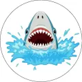 Kulatý jedlý obrázek na dort – Baby Shark, hlava žraloka s otevřenou tlamou (modrá, šedá, bílá)