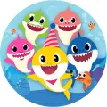 Kulatý jedlý obrázek na dort – Baby Shark, rodinka a žralůček s kloboukem (modrá, žlutá, růžová)