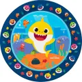 Kulatý jedlý obrázek na dort – Baby Shark, žlutý žralůček s modrým lemem (modrá, žlutá, tyrkysová)