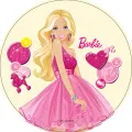 Kulatý jedlý obrázek na dort – Barbie, v plesových šatech s pudlem (růžová, žlutá, bílá)