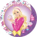 Kulatý jedlý obrázek na dort – Barbie, s košíčkem a žlutou mašlí (růžová, fialová, žlutá)