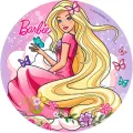 Kulatý jedlý obrázek na dort – Barbie, mezi květinami a motýly (růžová, fialová, žlutá)