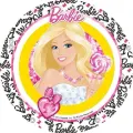Kulatý jedlý obrázek na dort – Barbie, se srdcovým lízátkem a diamanty (růžová, žlutá, bílá)