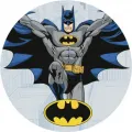 Kulatý jedlý obrázek na dort – Batman, letící se symbolem v oválu (modrá, šedá, žlutá)