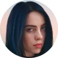 Kulatý jedlý obrázek na dort – Billie Eilish, tmavě modré vlasy (modrá, růžová, černá)
