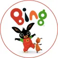 Kulatý jedlý obrázek na dort – Bing, s Flopem a velkým nápisem (bílá, červená, černá)