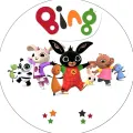 Kulatý jedlý obrázek na dort – Bing, běžící se všemi kamarády (červená, bílá, růžová)