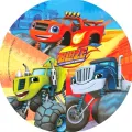 Kulatý jedlý obrázek na dort – Blaze, Plamínek, zelené a modré auto (červená, modrá, žlutá)