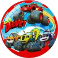Kulatý jedlý obrázek na dort – Blaze, skok s nápisem I've Got DRIVE! (červená, modrá, žlutá)