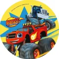 Kulatý jedlý obrázek na dort – Blaze, Blaze a modrý tahač Crusher (červená, žlutá, modrá)