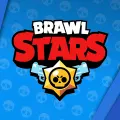 Kulatý jedlý obrázek na dort – Brawl Stars, logo s pistolemi na modrém pozadí (modrá, červená, žlutá)