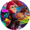 Kulatý jedlý obrázek na dort – Brawl Stars, pistolník Colt v barevném kouři (duhová, červená, modrá)