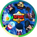 Kulatý jedlý obrázek na dort – Brawl Stars, hrdinové kolem zlaté hvězdy (modrá, žlutá, černá)
