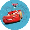 Kulatý jedlý obrázek na dort – Cars, Blesk McQueen a centrum Rust-eze (červená, modrá, bílá)