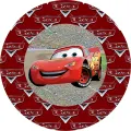 Kulatý jedlý obrázek na dort – Cars, Blesk McQueen před tribunami (červená, černá, stříbrná)