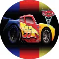 Kulatý jedlý obrázek na dort – Cars, McQueen, Jackson Hrom a Cruz Ramirez (červená, modrá, žlutá)