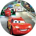 Kulatý jedlý obrázek na dort – Cars, McQueen a formule na trati (červená, zelená, šedá)