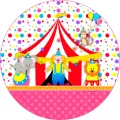 Kulatý jedlý obrázek na dort – Cirkus (červená, žlutá, růžová)