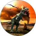 Kulatý jedlý obrázek na dort – Dinosaurus, řvoucí T-Rex a ptakoještěři (červená, hnědá, šedá)