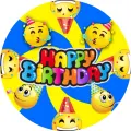 Kulatý jedlý obrázek na dort – Emoji, Happy Birthday (žlutá, modrá, červená)