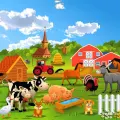 Kulatý jedlý obrázek na dort – Farmářská zvířátka, statek s traktorem (zelená, modrá, červená)