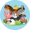 Kulatý jedlý obrázek na dort – Farmářská zvířátka, parta u balíku sena (modrá, hnědá, růžová)