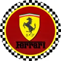Kulatý jedlý obrázek na dort – Ferrari, nápis, žlutý štít a šachovnice (červená, žlutá, černá)