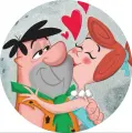 Kulatý jedlý obrázek na dort – Flinstoenovi, zamilovaní Fred a Wilma (šedá, červená, modrá)