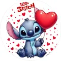 Kulatý jedlý obrázek na dort – Lilo & Stitch, Stitch se srdíčkovým balónkem (modrá, červená, bílá)