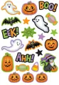 List jedlých koleček na cupcakes – Halloween, nápisy BOO, EEK a kočka v klobouku (žlutá, fialová, zelená)