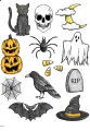 List jedlých koleček na cupcakes – Halloween, havran, lebka a měsíc v oblacích (černá, žlutá, bílá)