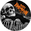 Kulatý jedlý obrázek na dort – Halloween, Kostra ve slámě s nápisem (černá, bílá, žlutá)