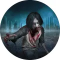Kulatý jedlý obrázek na dort – Halloween, zombie v mlžném městě (šedá, modrá, červená)