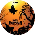 Kulatý jedlý obrázek na dort – Halloween, siluety s nápisem Happy Halloween (žlutá, černá)