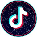 Kulatý jedlý obrázek na dort – TikTok, 3D nota a geometrická světelná síť (černá, tyrkysová, červená)