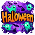 Obdélníkový jedlý obrázek na dort – Halloween, fialové pozadí a zelená strašidla (fialová, žlutá, zelená)