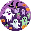 Kulatý jedlý obrázek na dort – Halloween, veselí duchové v kloboucích (fialová, bílá, žlutá)
