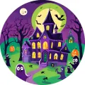 Kulatý jedlý obrázek na dort – Halloween, fialové sídlo s dýněmi (fialová, zelená, černá)