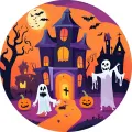 Kulatý jedlý obrázek na dort – Halloween, Fialový zámek a duchové (fialová, žlutá, černá)