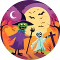 Kulatý jedlý obrázek na dort – Halloween, zelený strašák a duch u kříže (fialová, žlutá, zelená)