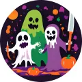 Kulatý jedlý obrázek na dort – Halloween, Trojice strašidel a dýně (fialová, zelená, černá)