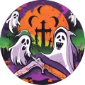 Kulatý jedlý obrázek na dort – Halloween, duchové na hřbitově s kosou (fialová, žlutá, zelená)
