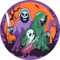 Kulatý jedlý obrázek na dort – Halloween, tři postavy v kápích s lebkami (žlutá, fialová, zelená)