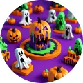 Kulatý jedlý obrázek na dort – Halloween, 3D rozteklá dýně a duchové (fialová, černá, zelená)