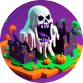 Kulatý jedlý obrázek na dort – Halloween, 3D duch nad zříceninou (fialová, bílá, černá)