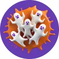 Kulatý jedlý obrázek na dort – Halloween, 3D strašidla v oranžové kapce (fialová, žlutá, bílá)