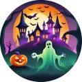 Kulatý jedlý obrázek na dort – Halloween, Duch s lebkou a fialový hrad (fialová, žlutá, zelená)