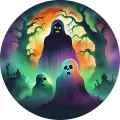 Kulatý jedlý obrázek na dort – Halloween, Postava v plášti a hřbitov (černá, zelená, fialová)